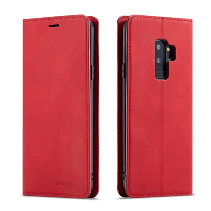 Red leather flip phone case with camera opening and front flap, two-sided view