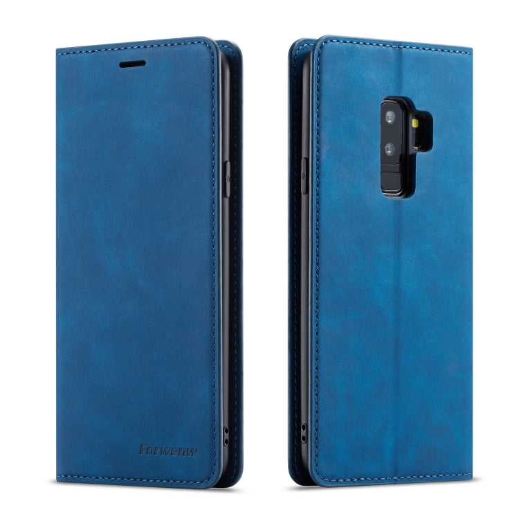 Blue leather flip phone case with camera opening and side cutouts, two-sided view