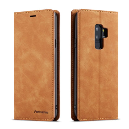 Brown leather flip phone case with camera opening and side cutouts, two-sided view