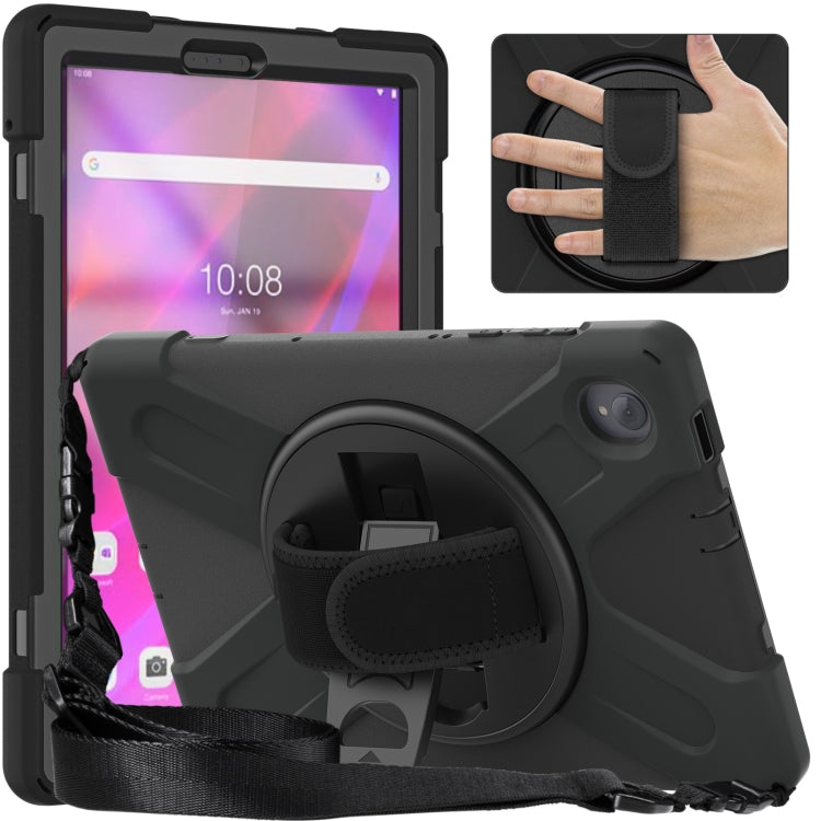 Black protective tablet case with built-in kickstand and shoulder strap holder