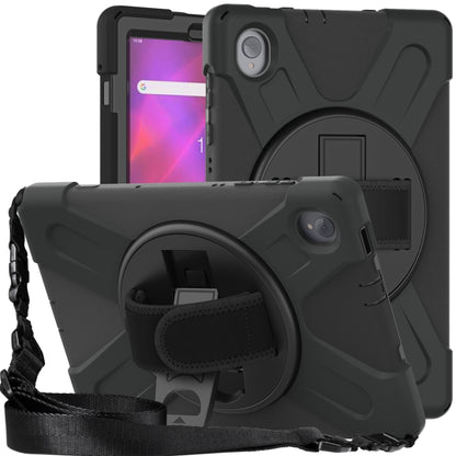 Black hybrid tablet case with circular kickstand and hand strap