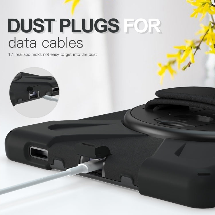 Black tablet case with cable port cutouts and dust-protect cover tab