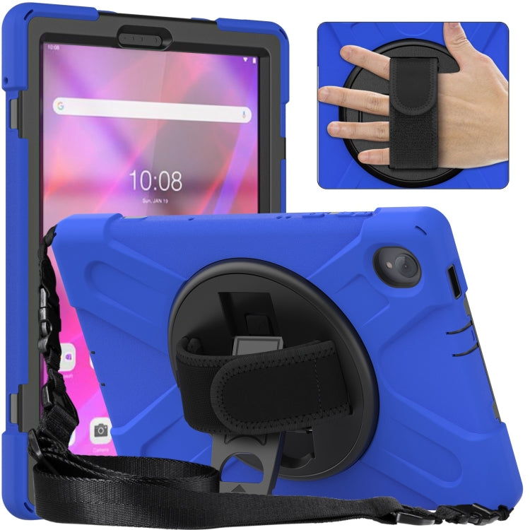Blue protective tablet case with kickstand and shoulder strap holder