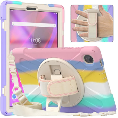 Light pink and white protective tablet case with kickstand and crossbody strap