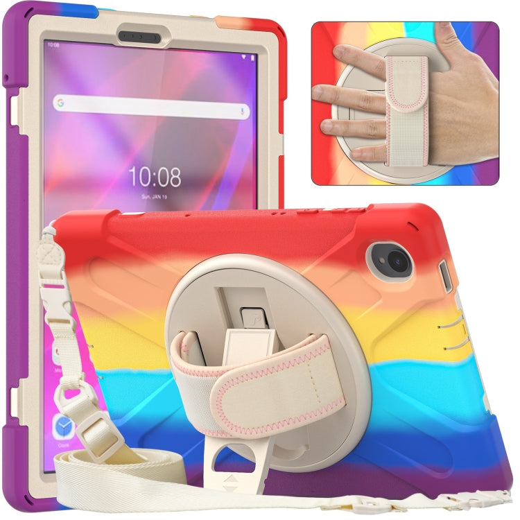 Protective tablet case with circular kickstand, shoulder strap, and pink-lined holder