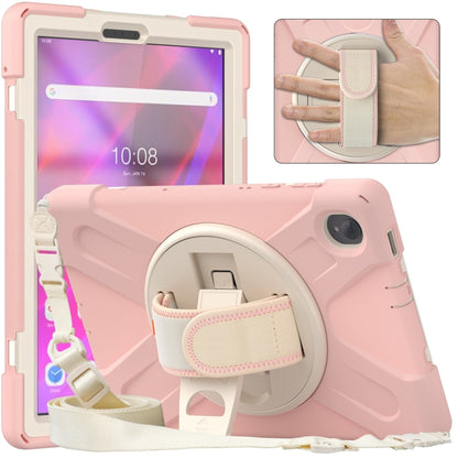 Protective tablet case with circular kickstand, shoulder strap, and pink-lined holder