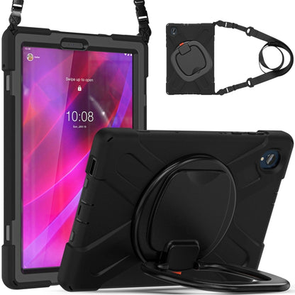 Black protective tablet case with rotating kickstand and crossbody strap