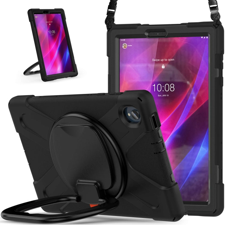 Black rugged tablet case with rotating kickstand and front-facing camera cutout