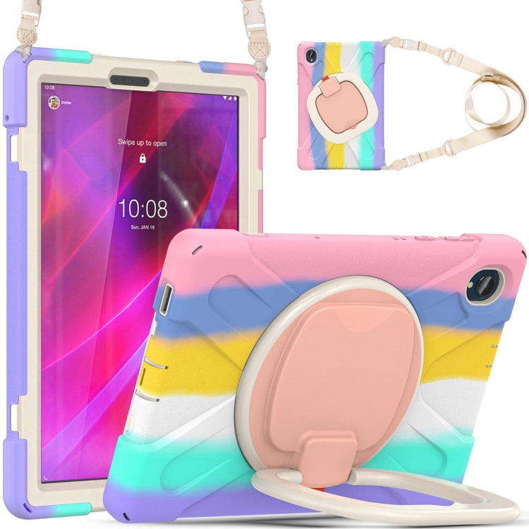 Colorful rainbow tablet case with pink cover ring and crossbody lanyard