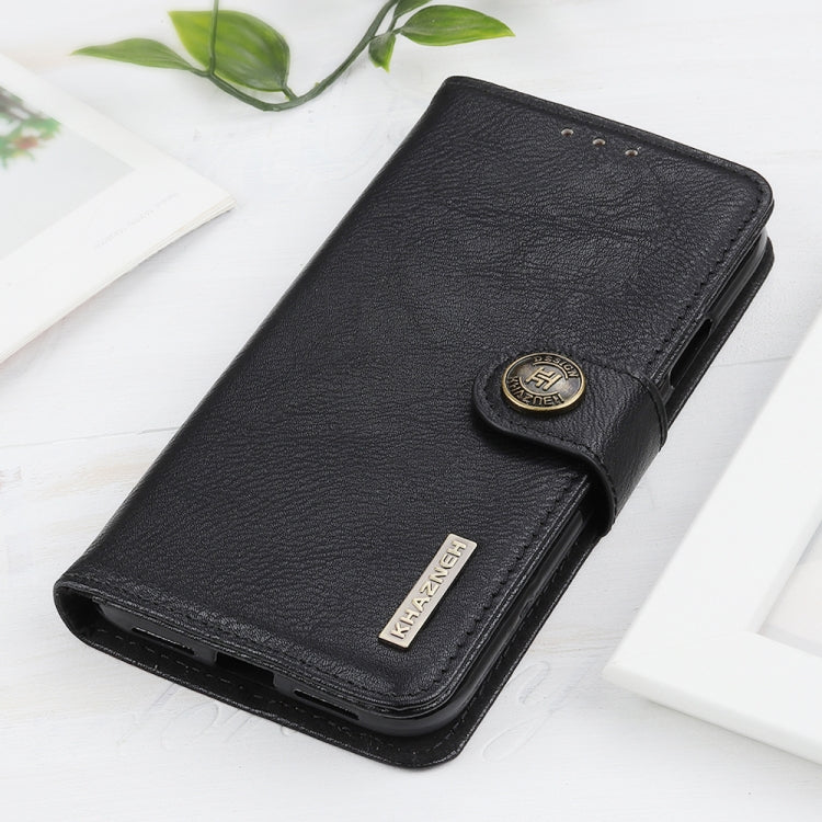 Black textured leather flip phone case with KHAZNEH logo and side snap strap.