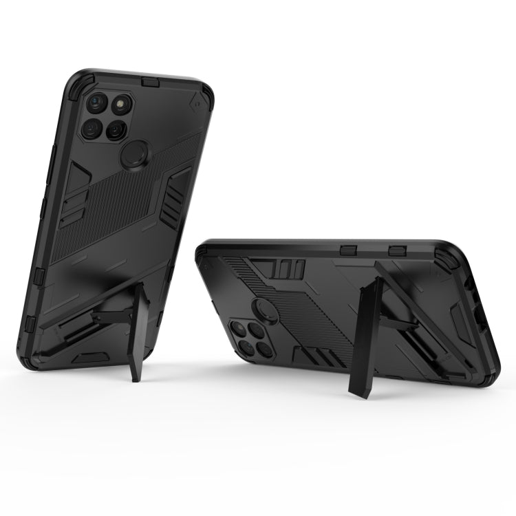 Rugged shockproof phone case for Realme C21Y in black, kickstand-style rear view