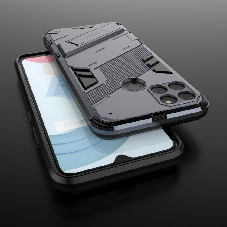 Shockproof phone case for Realme C21Y in light gray, textured armor with camera cutouts
