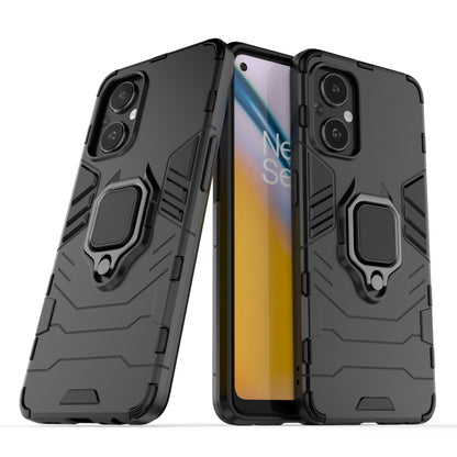Rugged black phone case with ring grip and camera cutouts, front and back view