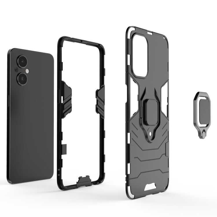 Rugged black phone case with ring grip, side buttons and camera cutouts
