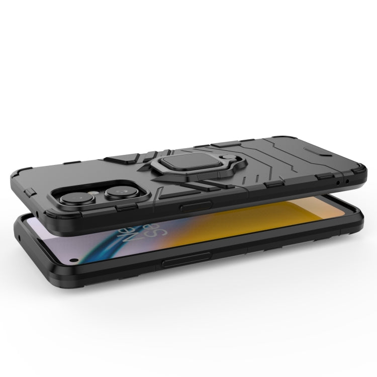 Rugged black phone case with ring grip and protective bumper edges
