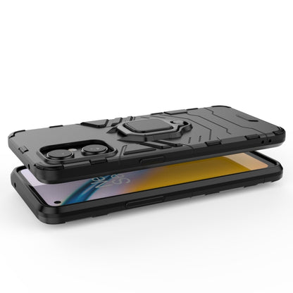 Rugged black phone case with ring grip and protective bumper edges