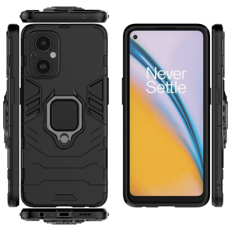 Rugged black shockproof phone case with ring grip, front, back, and side views