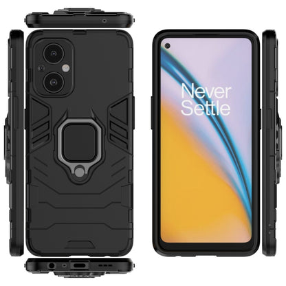 Rugged black shockproof phone case with ring grip, front, back, and side views