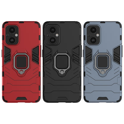 Rugged phone cases in red, black, and blue with ring grip on the back