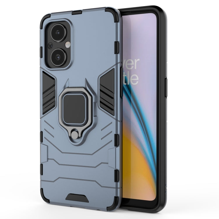 Navy blue rugged shockproof phone case with raised camera cover and ring kickstand