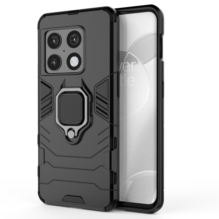 Rugged black phone case with ring grip and camera cutout, front and back view