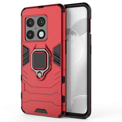 Red rugged shockproof phone case with raised camera cover and ring-style kickstand