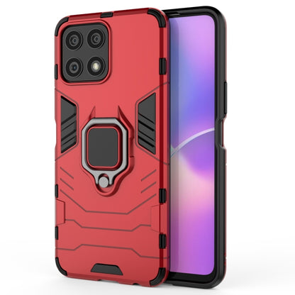 Red shockproof phone case with rugged armor pattern and raised camera bump