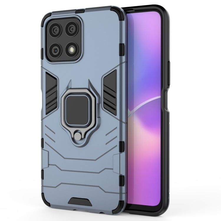 Navy blue shockproof phone case with rugged design, kickstand ring, and camera guard