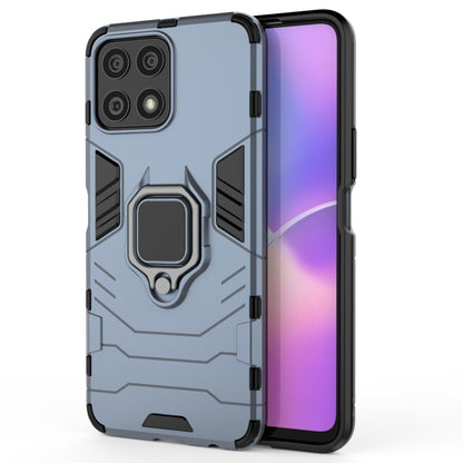 Navy blue shockproof phone case with rugged design, kickstand ring, and camera guard