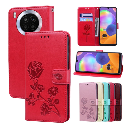 Red embossed rose leather folio phone case with card slot and camera cutout window