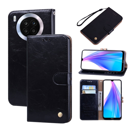 Oil wax leather phone case with folio flap, card slots, and strap; black finish.