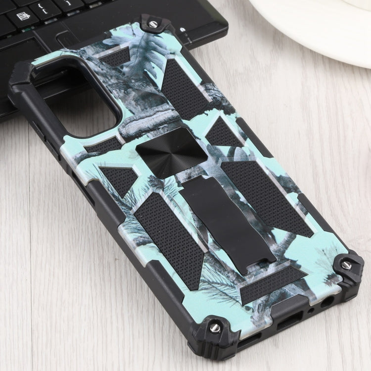 Shockproof camouflage phone case with grip texture, light blue and black armor.
