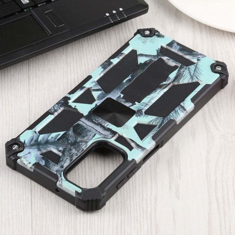 Shockproof camouflage phone case, teal and black pattern with protective corner grips.