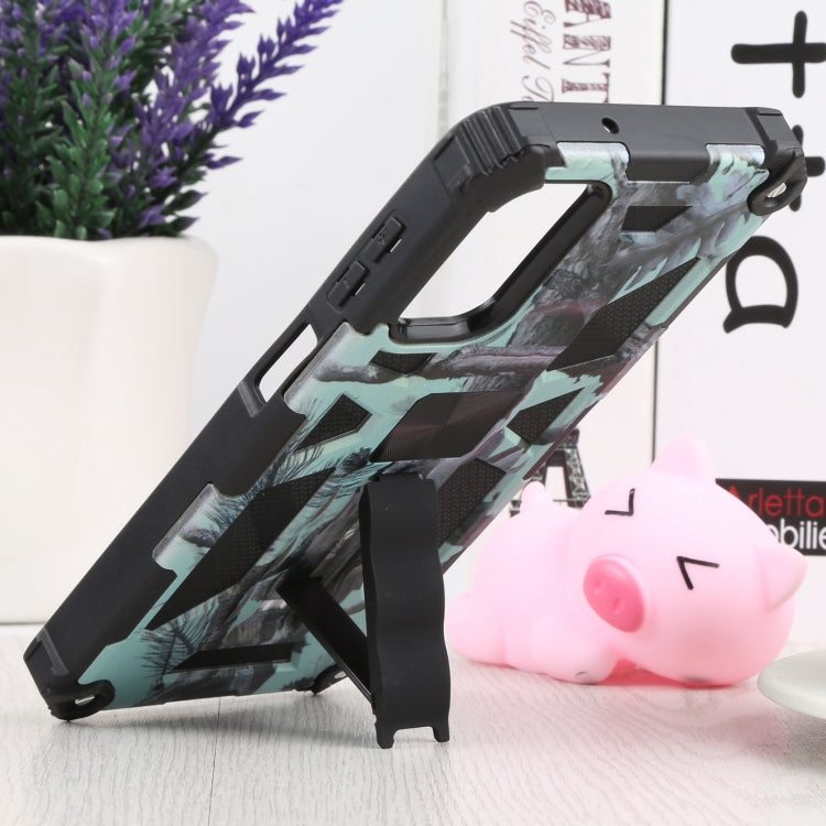 Shockproof camouflage phone case with kickstand holder, mint teal and black armor.