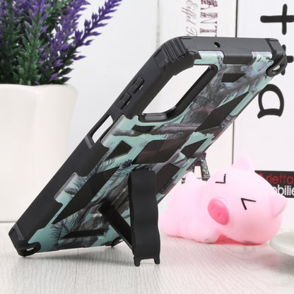 Shockproof camouflage phone case with kickstand holder, mint teal and black armor.