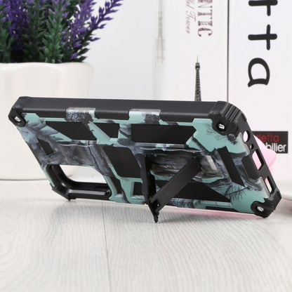 Shockproof camouflage phone case with kickstand holder, teal and black protective frame.