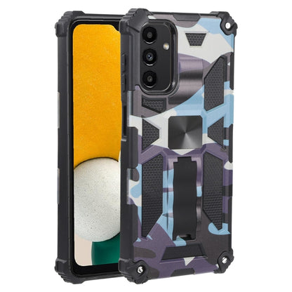 Shockproof camouflage phone case with magnetic holder, purple and light blue armor.