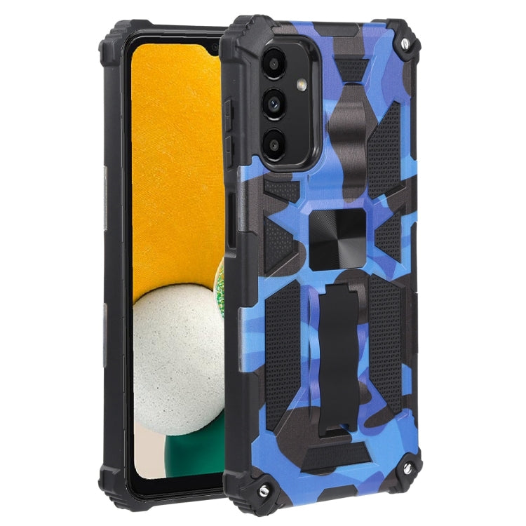 Shockproof camouflage phone case with magnetic holder, dark blue and black armor.