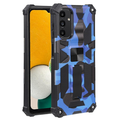 Shockproof camouflage phone case with magnetic holder, dark blue and black armor.