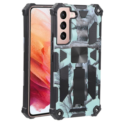 Shockproof camouflage phone case with magnetic holder, light blue and black armor.