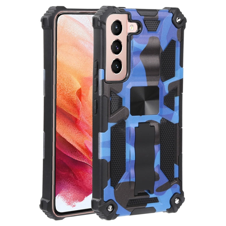 Camouflage rugged phone case with magnetic holder, dark frame and blue camo pattern.