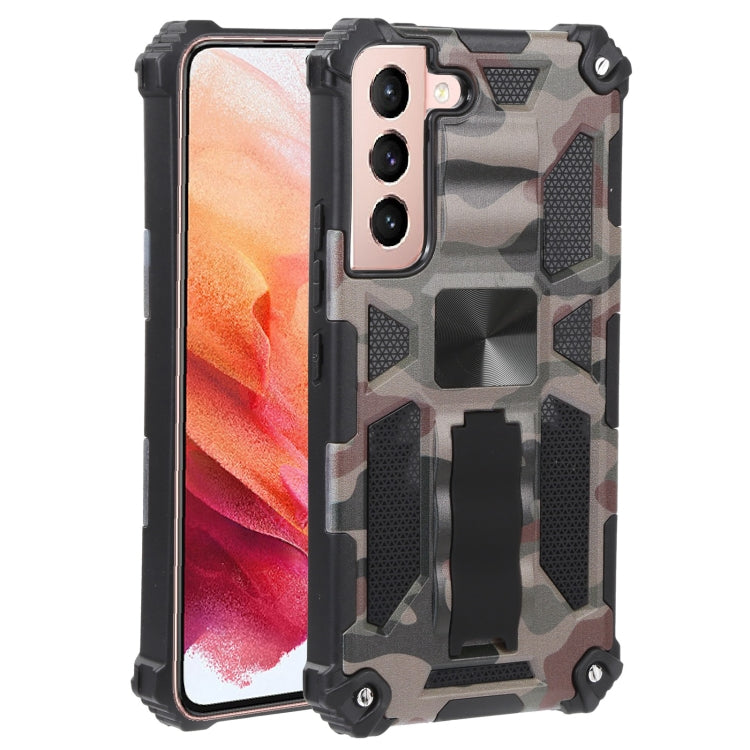Camouflage rugged phone case with magnetic holder, dark frame and gray camo pattern.