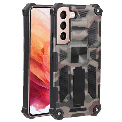 Camouflage rugged phone case with magnetic holder, dark frame and gray camo pattern.
