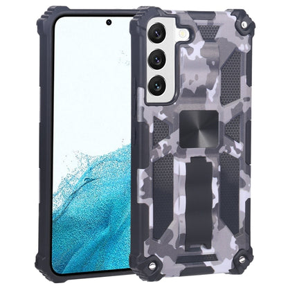Camouflage rugged phone case with magnetic holder, dark frame and gray-blue camo pattern.