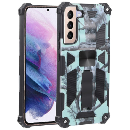 Camouflage rugged phone case with magnetic holder, dark frame and light blue-gray camo.