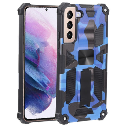 Camouflage rugged phone case with magnetic holder, dark frame and blue camo pattern.
