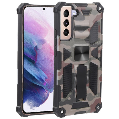 Camouflage rugged phone case with magnetic holder, dark frame and tan-gray camo pattern.