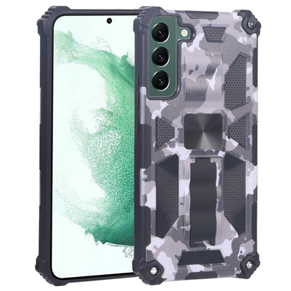 Camouflage rugged phone case with magnetic holder, dark frame and mint-green camo pattern.