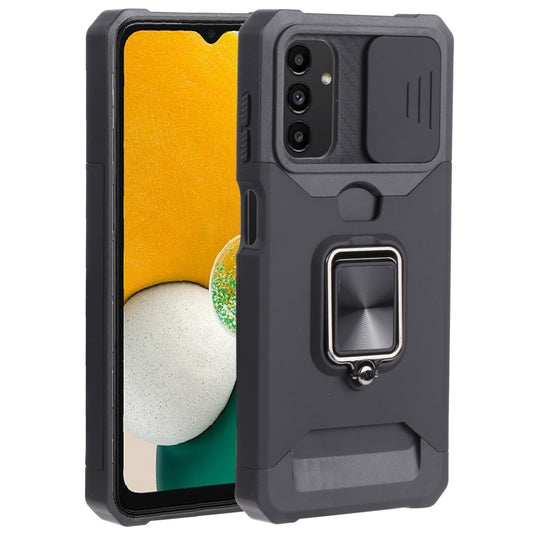 Black rugged phone case with camera cover, card slot, and ring holder kickstand