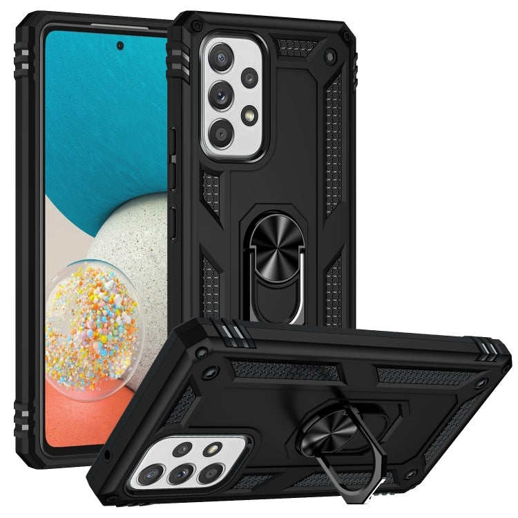 Black shockproof rugged phone case with metal ring kickstand and protective corners